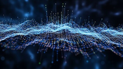 A bright glowing 3d illustration of the diversity and energy of fractal realms as a blue futuristic wave motion design pattern against a black backdrop