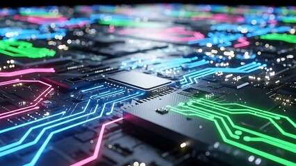 Close-up view of a green electronic circuit board (PCB) with a processor chip and various electrical components, representing modern computer technology and hardware engineering