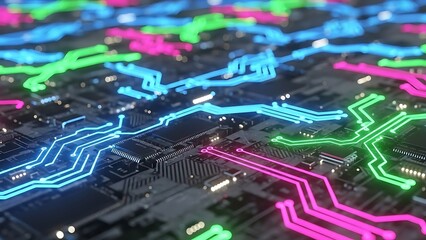 Close-up view of a green electronic circuit board (PCB) with a processor chip and various electrical components, representing modern computer technology and hardware engineering