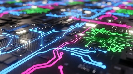 Close-up view of a green electronic circuit board (PCB) with a processor chip and various electrical components, representing modern computer technology and hardware engineering