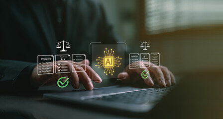 AI compliance and policy governance. Concept of artificial intelligence regulation, ethical standards, legal framework, and responsible AI system development aligned with digital policies and laws.