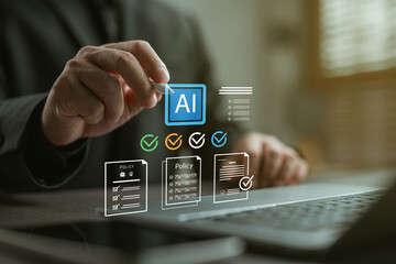 Businessman validating AI policy documents with checklist and approval marks. Concept of artificial intelligence compliance, legal framework, audit, and ethical standards for responsible AI use.