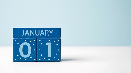 Vibrant blue wooden calendar blocks showing "january 01" against a clean light blue background, representing the advent of a new year or an important date