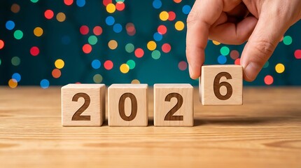 Human hand replacing block with number five to six to form new year 2026 on wooden table with blurred colorful lights background new year concept