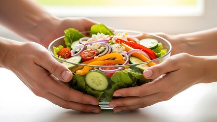 Woman hands holding a plate of fresh, healthy green salad with lettuce, tomato, and chicken for a delicious lunch