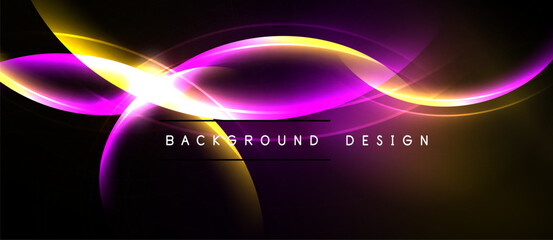 Abstract waves, vibrant colors, dynamic light effects. Dark background enhances glowing curves, creating modern visual impact.