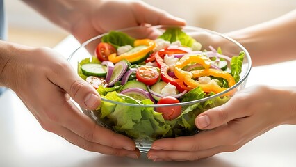 Woman hands holding a plate of fresh, healthy green salad with lettuce, tomato, and chicken for a delicious lunch