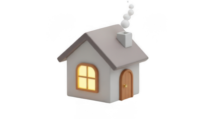 Cozy miniature house with glowing window and smoke from chimney