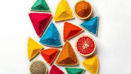 Vibrant natural spices and colorful powders, artfully arranged with fresh citrus on a clean white background, showcasing organic pigments for culinary and artistic inspiration