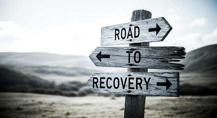 A weathered wooden signpost with three directional arrows pointing to the Road to Recovery in a desolate landscape.