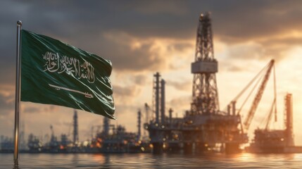 Fototapeta premium Saudi oil rig near the coast with flag waving at sunset during evening work hours