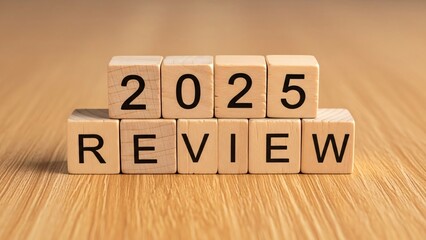 Year 2025 review concept presented by wooden blocks on wooden background symbolizing reflection on past performance and planning upcoming year