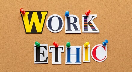 A colorful display of the words WORK ETHIC pinned on a corkboard, emphasizing professional principles.
