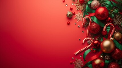 Festive christmas garland with ornaments and candy canes on a red background with copy space