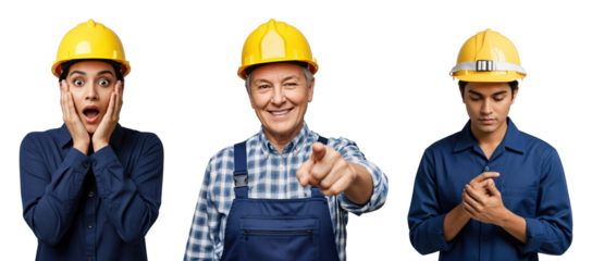 Diverse construction workers in yellow hard hats and blue uniforms showcasing various emotions: surprised young woman, pointing senior man, and thoughtful young man on transparent background.
