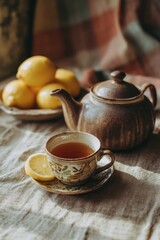 teapot and cup of herbal tea with lemon