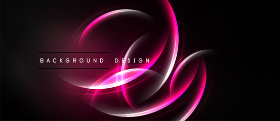 Abstract neon lines form swirling shapes over black background. Modern design element, vibrant pink glow creates dynamic visual impact.