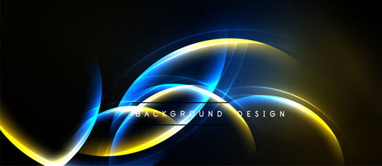Abstract design features flowing blue, yellow lines against dark backdrop. Elegant curves create dynamic visual effect. Modern aesthetic.