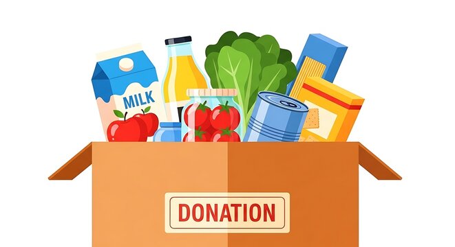 A box filled with various food items ready for donation assistance