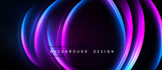 Abstract neon circles, vibrant purple, blue hues. Modern design element, dark background creates striking visual impact.