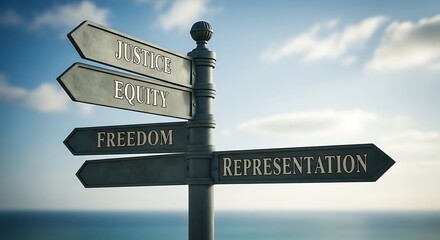A Signpost Points Towards Justice, Equity, Freedom, and Representation Against a Coastal Sky