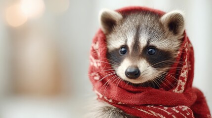 Obraz premium Adorable baby raccoon wrapped in a cozy red scarf, showcasing large bright eyes and a cute face, creating a charming and heartwarming winter atmosphere in a soft setting.