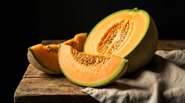 Melone auf rustikalem Holztisch mit angeschnittenen Fruchtst&uuml;cken &ndash; frische Cantaloupe