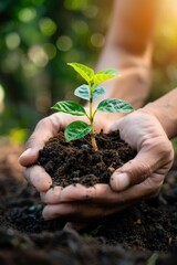 Hands holding young plant seedling growing in soil