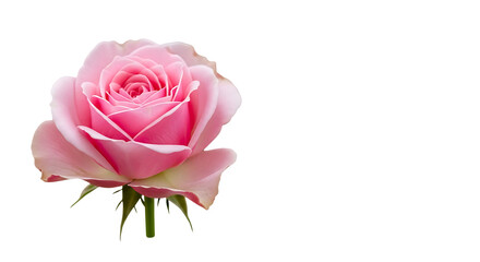 Delicate pink rose bloom with layered petals and green stem isolated on a transparent background flower