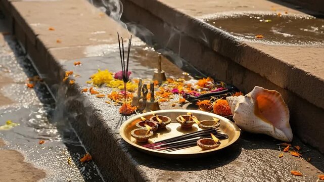 Ganga Aarti Ritual on the Riverbank with Diyas, Incense, Flowers, and Conch Shell during Religious Festival