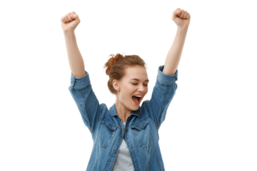 person celebrating victory with hands up isolated on transparent background