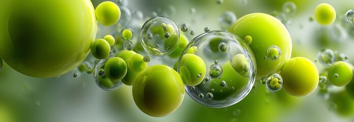 Bubbles and abstract green molecules against a pale background.