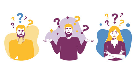 Fototapeta premium Three people with question marks above their heads, illustrating confusion and uncertainty, isolated on transparent background