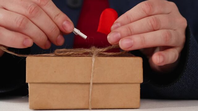 Hands wrap a small gift box with twine and place a heart on top. This shows love and care for Valentine's Day or special moments. It's a simple and heartfelt gesture for relationships.
