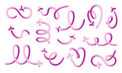 Obraz premium Set of voluminous pink arrows on a transparent background. Liquid curves and swirl arrows, rotating up, down, and right, in the shape of a heart.