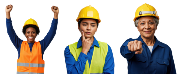 Diverse group of three female construction workers or engineers, including young, middle-aged, and senior women, posing confidently in hard hats and safety gear against a transparent background