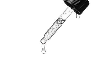 Clear liquid with bubbles in glass dropper with a drop falling isolated on a transparent background pipette