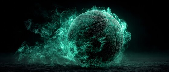 A bright green basketball on a smoke-filled dark background