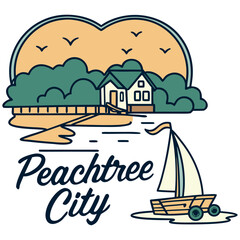 Naklejka premium Peachtree City Georgia Lake House – Sailboat Scene Illustration