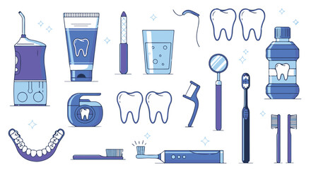 Collection of dental hygiene tools and teeth illustrations, isolated on transparent background