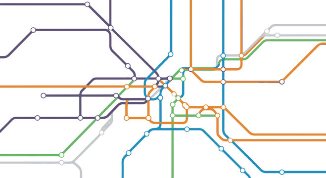 Abstract subway map with colorful lines and stations, isolated on transparent background