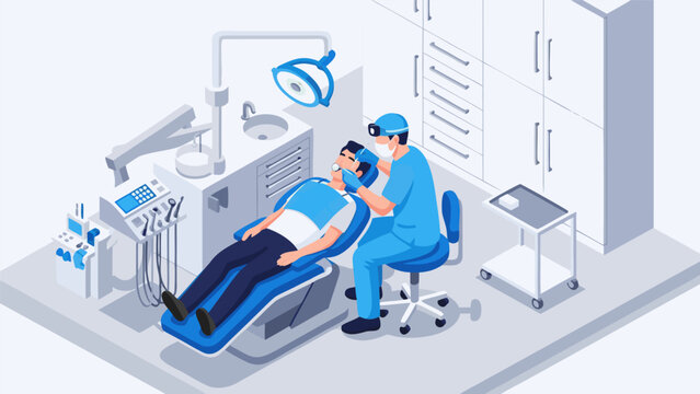Isometric illustration of a dentist examining a patient in a modern dental office with equipment.