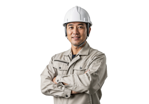 Construction worker stands in uniform with a hard hat and smiles confidently while posing indoors at a worksite - Powered by Adobe
