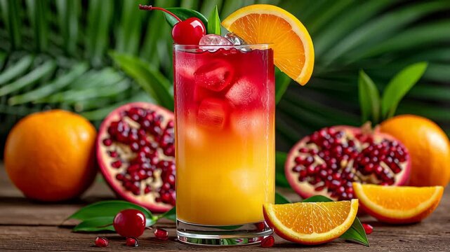 A vibrant cocktail with layers of orange and red, garnished with a cherry and orange slice. Surrounded by fresh pomegranate and orange slices on a wooden table.