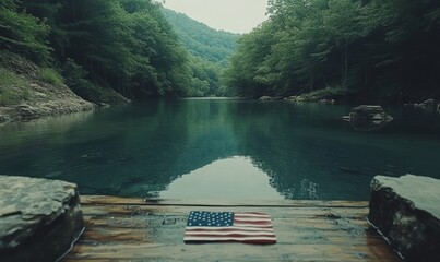 American flag displayed on a wooden table, symbolizing patriotism and Memorial Day. This image highlights national pride and remembrance, perfect for patriotic events, national, Generative AI