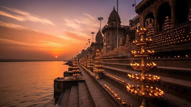 Ganga Aarti Ceremony at Sunset on the Banks of the Ganges River in Varanasi with Diya Lamps and Temples