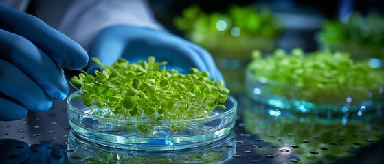 In a petri dish, scientists study green plants.
