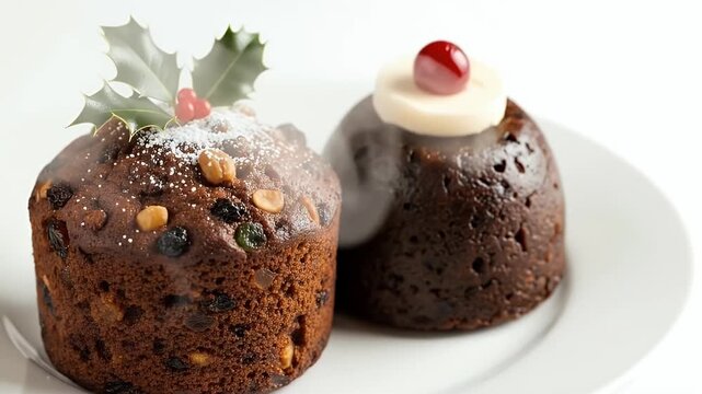 A beautifully composed close-up features two delectable, individual-sized fruit puddings or cakes presented on a clean white plate. One rich, dark brown cake is adorned with a sprig of fresh holly lea