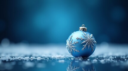 A single blue christmas ornament with snowflake design sits on ice and snow with a soft blue bokeh background