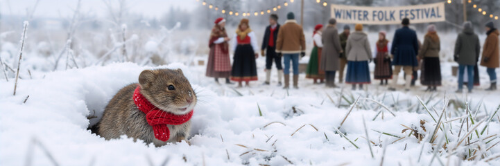 Obraz premium A cute brown vole in a red knitted scarf in the snow. A winter folk festival with people in traditional costumes is blurred in the background
